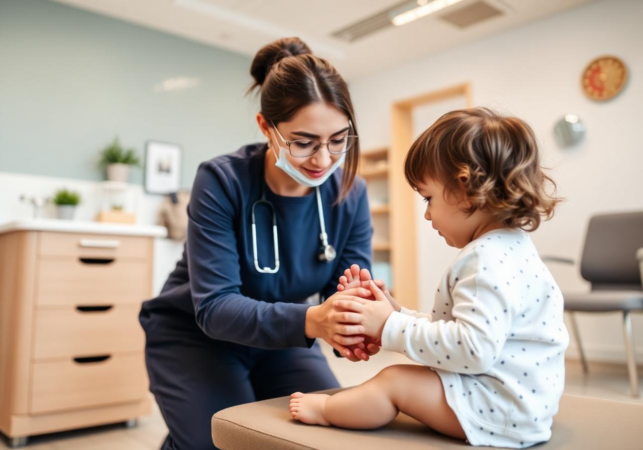 Clinician gently examining a young child's foot