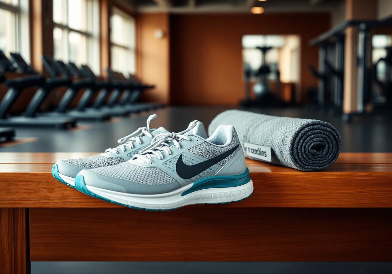 Running trainers on a wooden bench in a gym