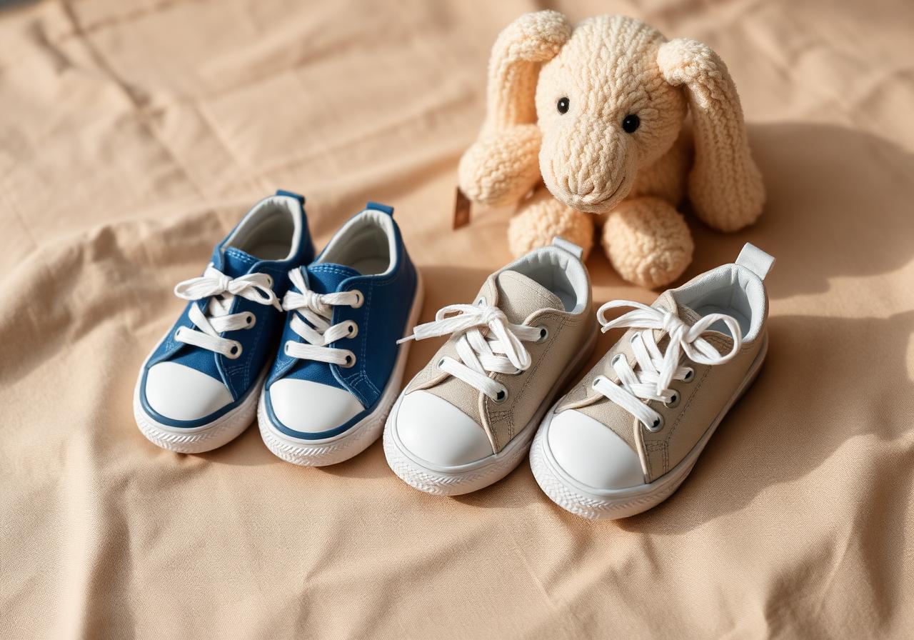 Children's trainers arranged on a soft surface