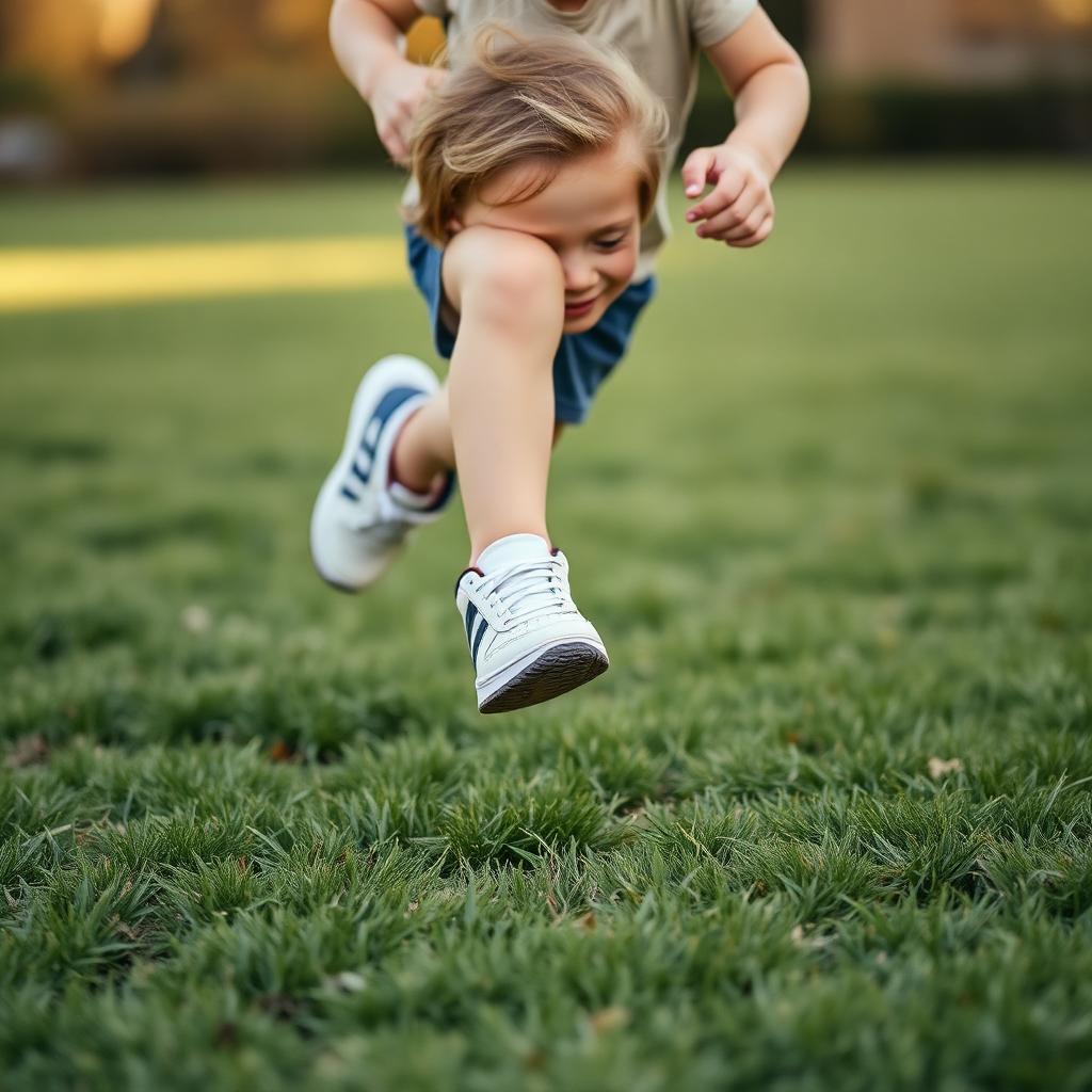 A child running freely on grass in trainers